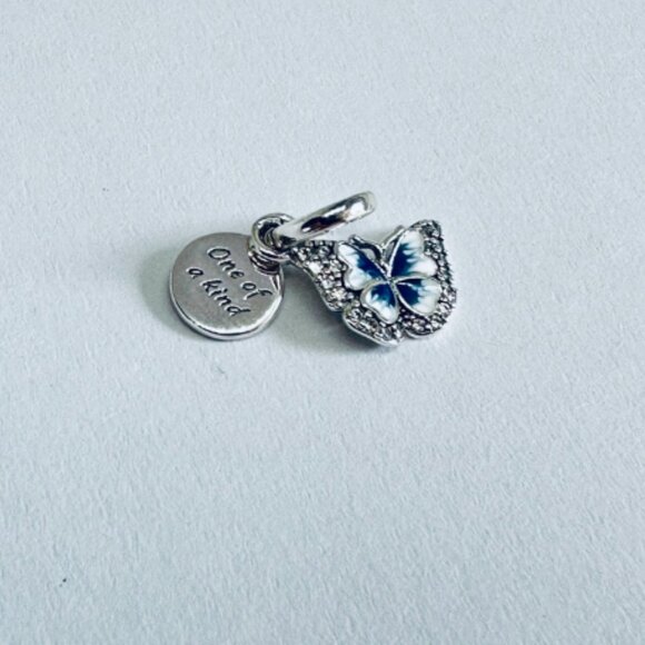 NEW Authentic Pandora Silver Blue Butterfly & Quote Double Dangle Charm - Picture 2 of 5
